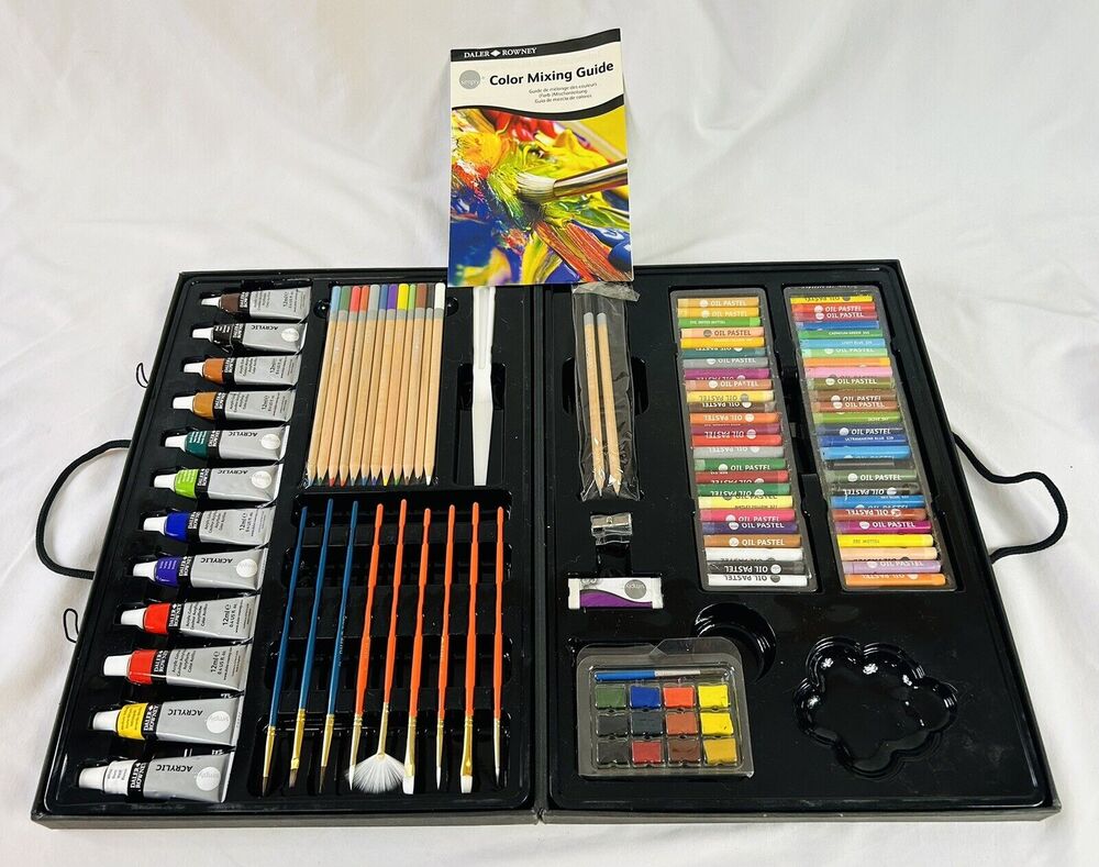 Daler Rowney Simply Acrylic Paint Set Pencil Brushes w/ Case Artist Kit Unused